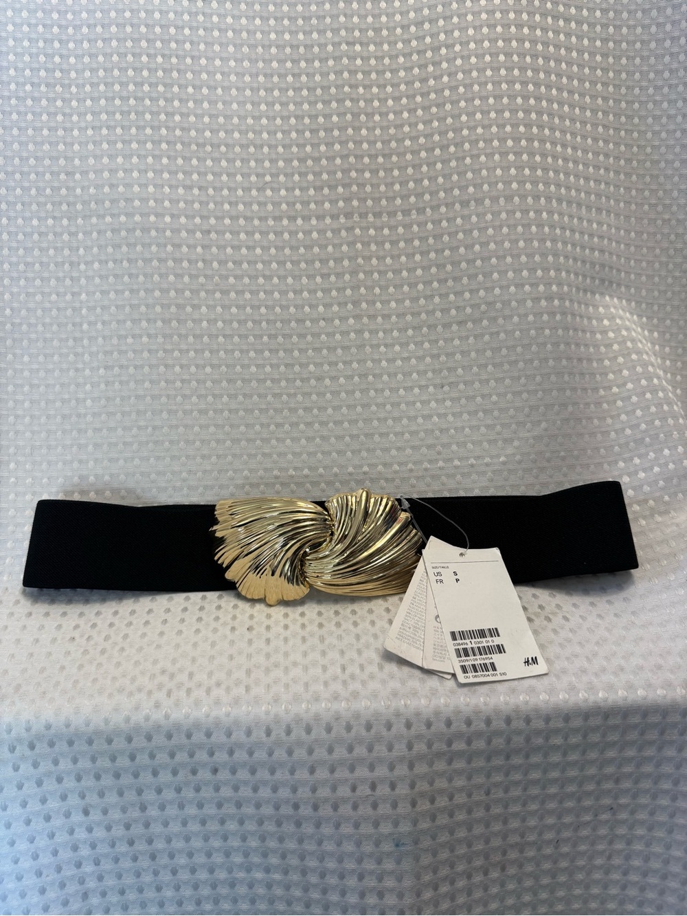 H&M Black Stretch Belt with Gold Sculpted Leaf Buckle